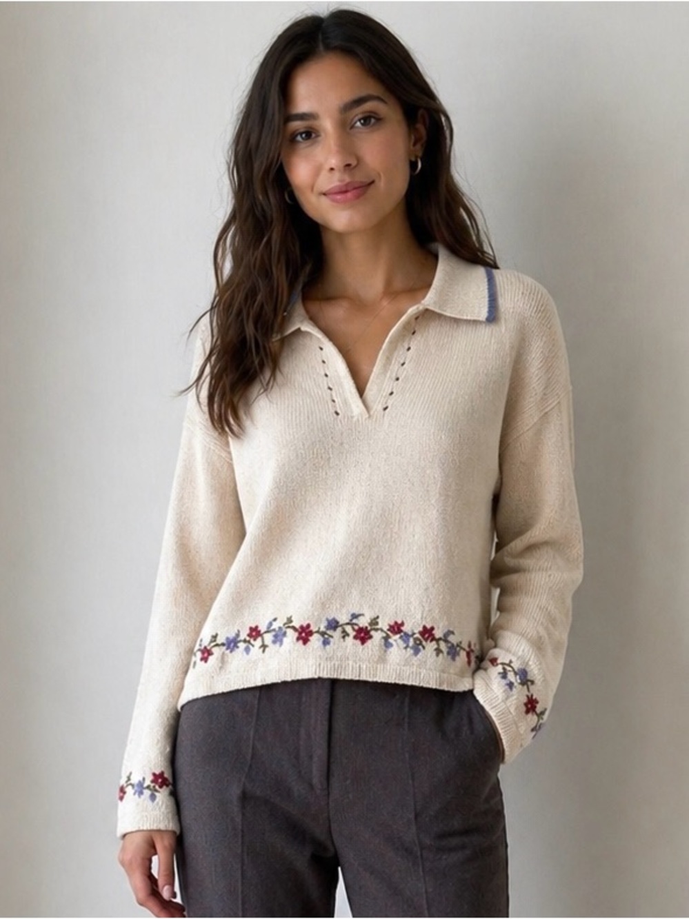 Woolrich - VINTAGE Cream Knit Polo Sweater with Flower Trim